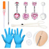 A kit for belly button piercing including a needle, jewelry, and gloves.