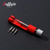 A red watchband repair tool kit with a metal pin and adjustment mechanism is shown on a dark background.