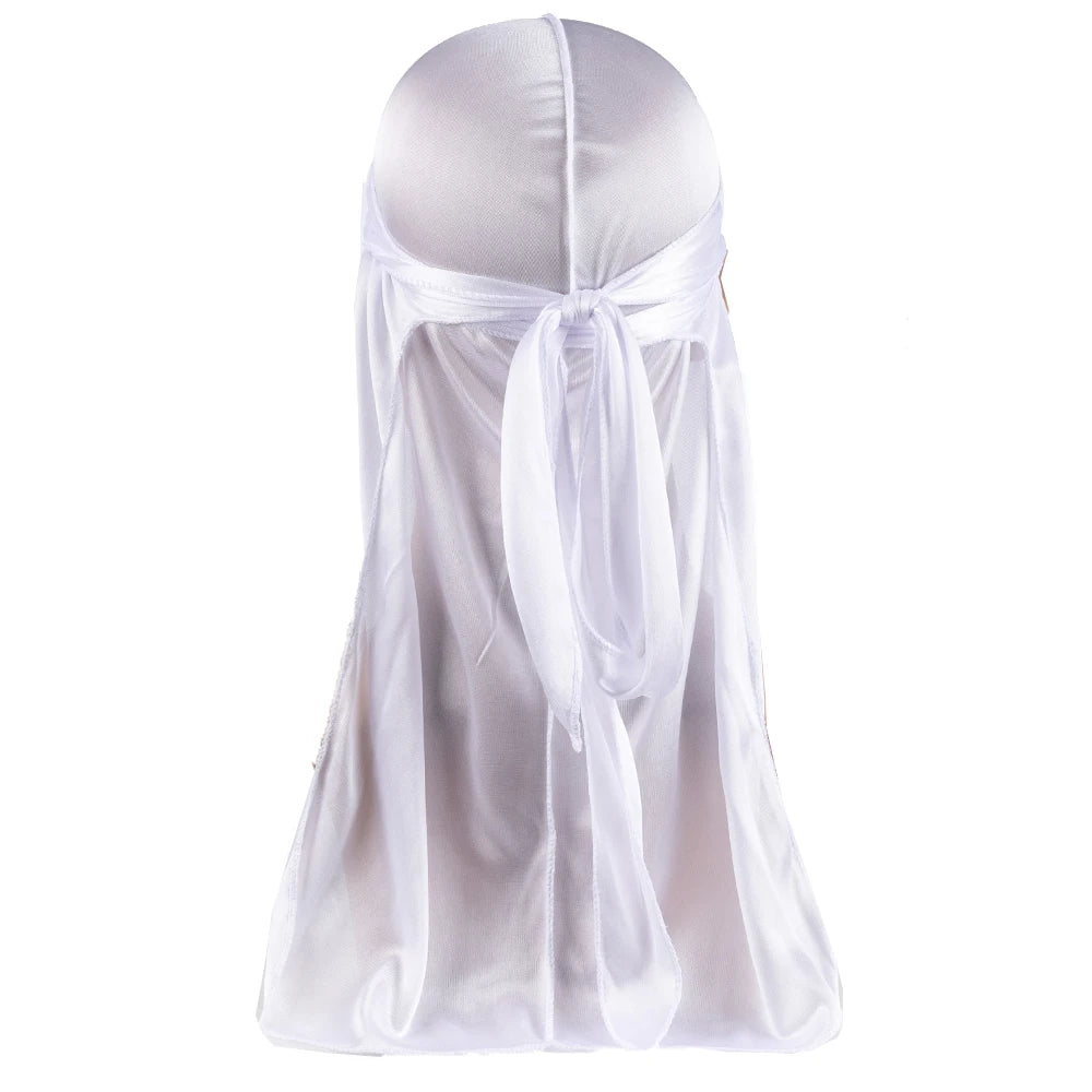White silky durag shower cap bandana tied in a bow