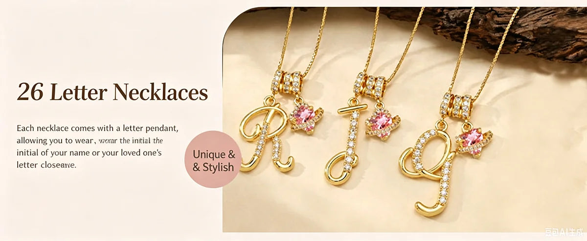 Gold letter pendant necklaces featuring initial letters and pink gemstones displayed on a natural wood background.