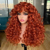 A vibrant red ginger curly wave wig with bangs displayed on a mannequin.