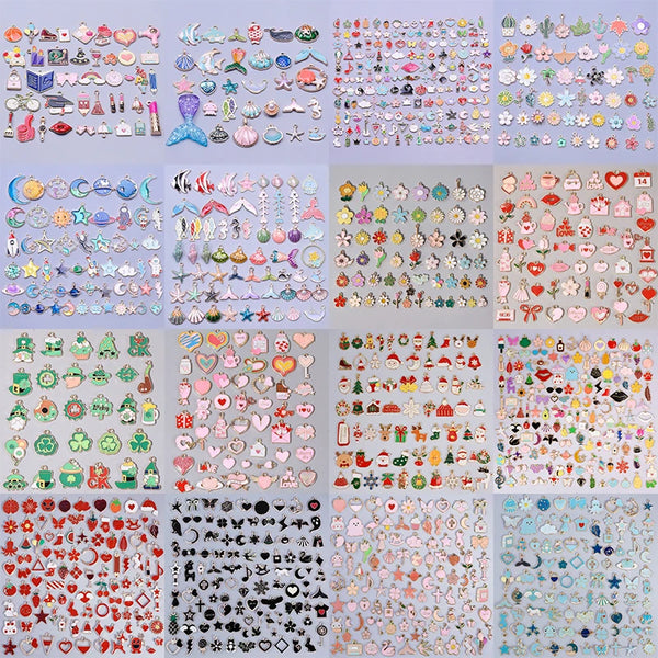 Assorted enamel charms for DIY jewelry making displayed in various colors and shapes.