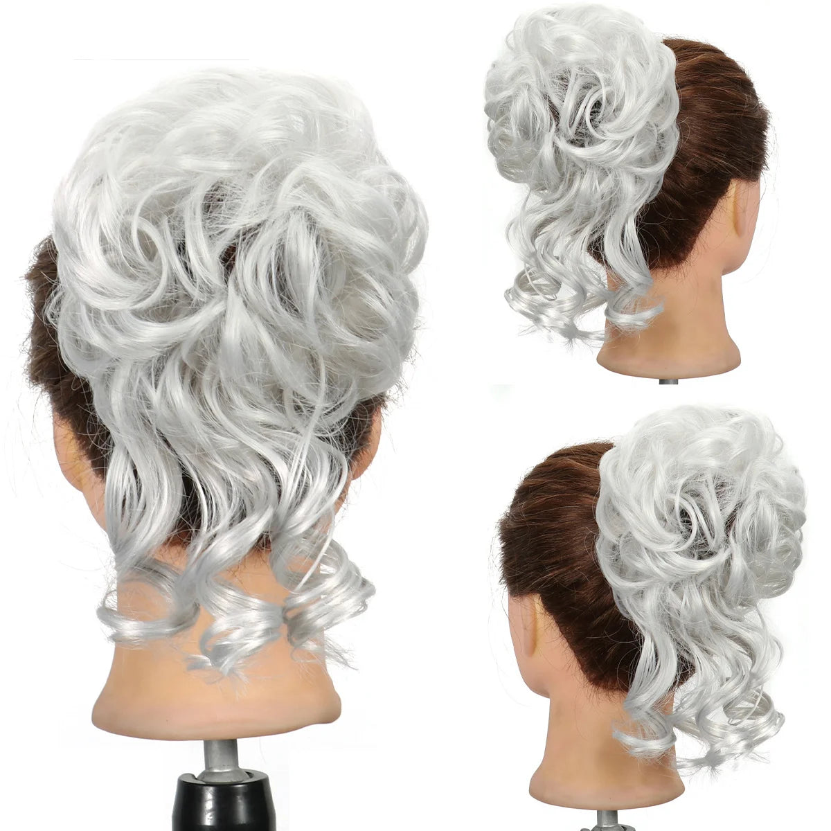 A silver gray synthetic messy hair bun hairstyle displayed on a mannequin head.