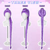 Three view of long purple braided wigs shown from the front, side, and back angles.