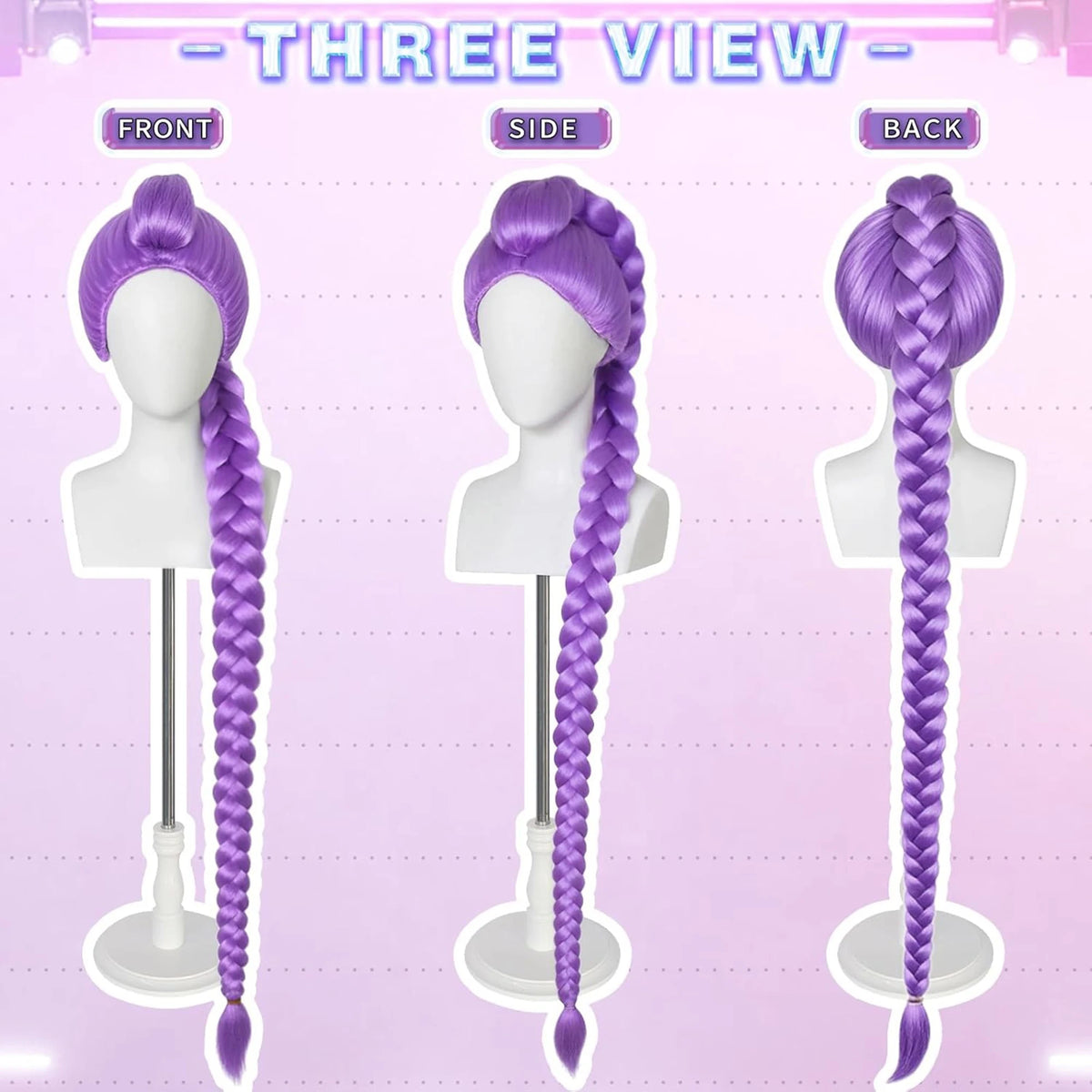 Three view of long purple braided wigs shown from the front, side, and back angles.