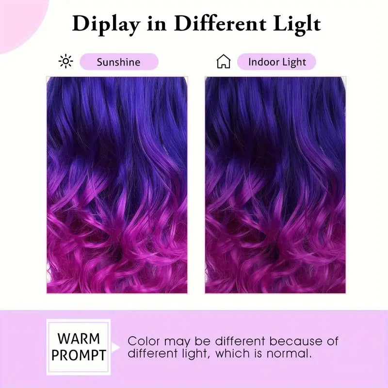 Violette Body Wave Perücke in Sonn- und Innenbeleuchtung dargestellt.