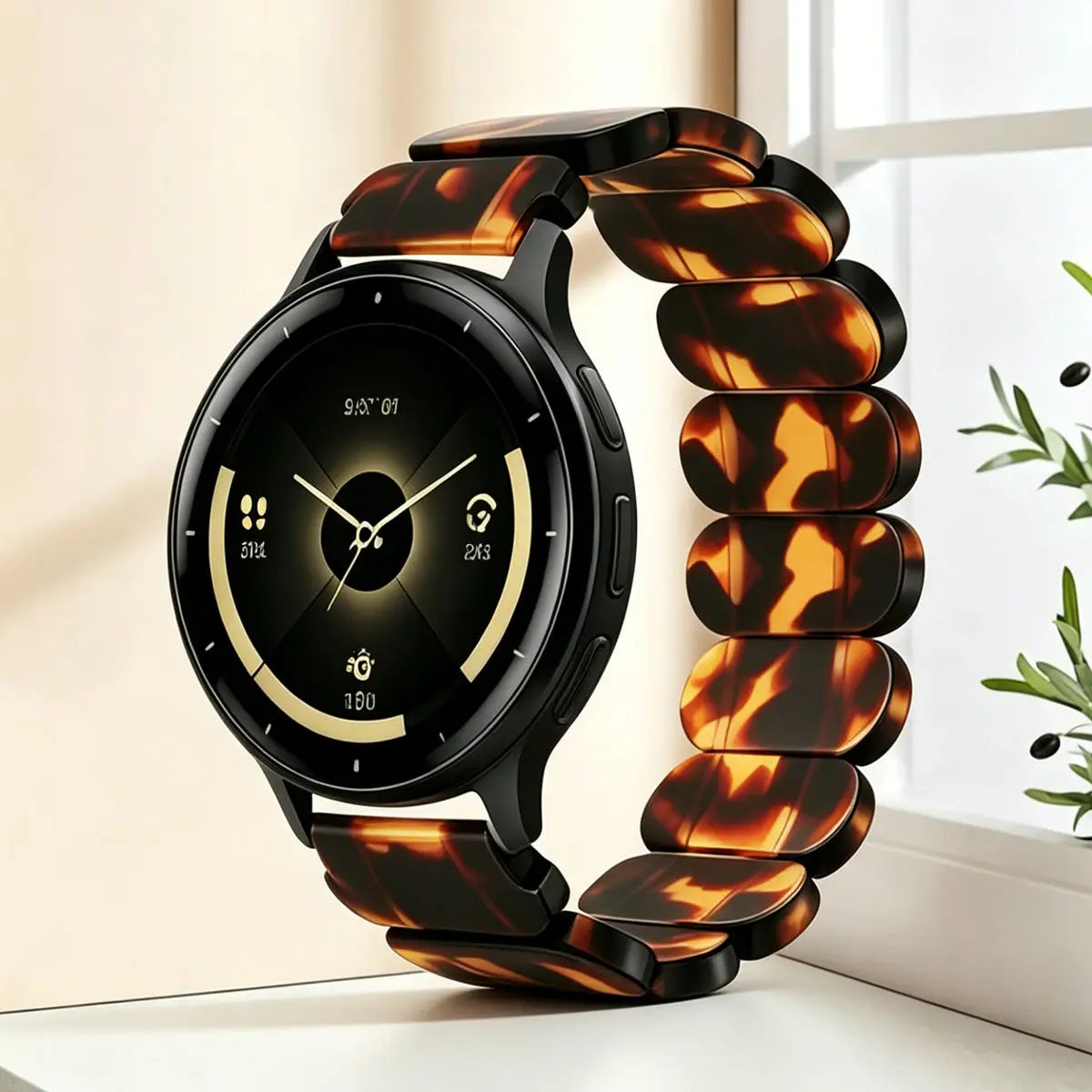 Bracelet de montre en résine noire avec un motif marbré marron et orange, exposé sur une surface blanche.