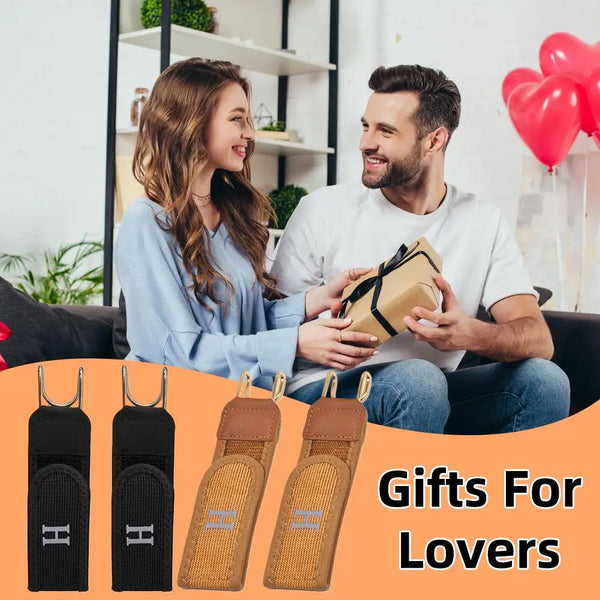 Four black and tan elastic belts for gifts for lovers displayed in an orange background.