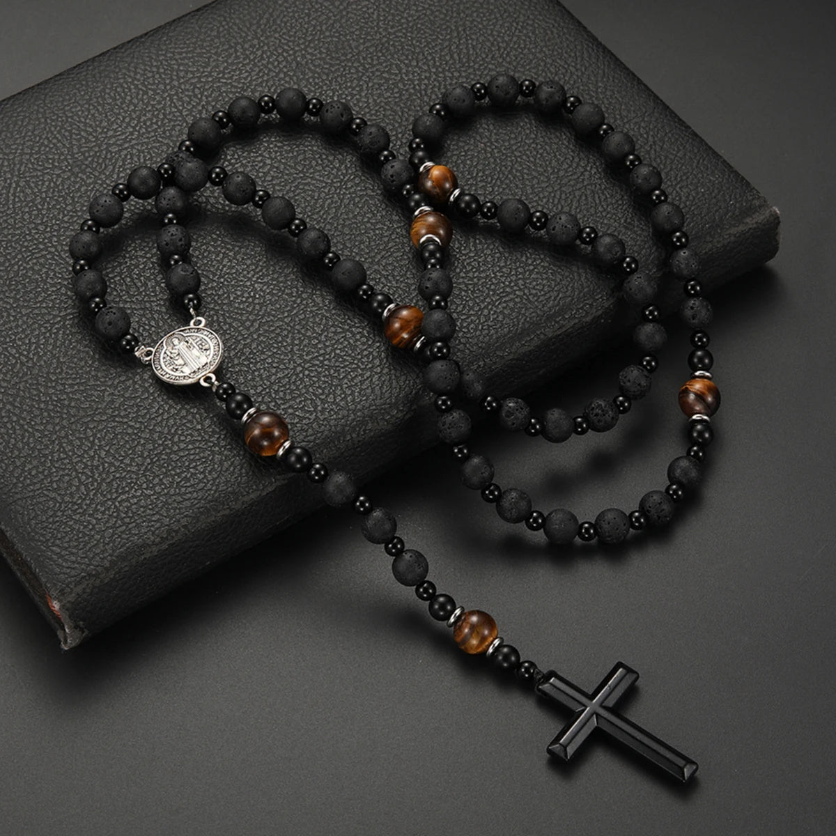 Black obsidian and tiger's eye beads on a string with a cross pendant necklace for men