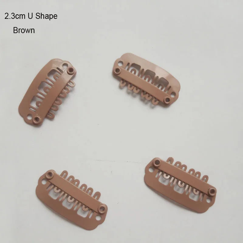 A set of brown 2.3cm U-shape precision hair extension clips.