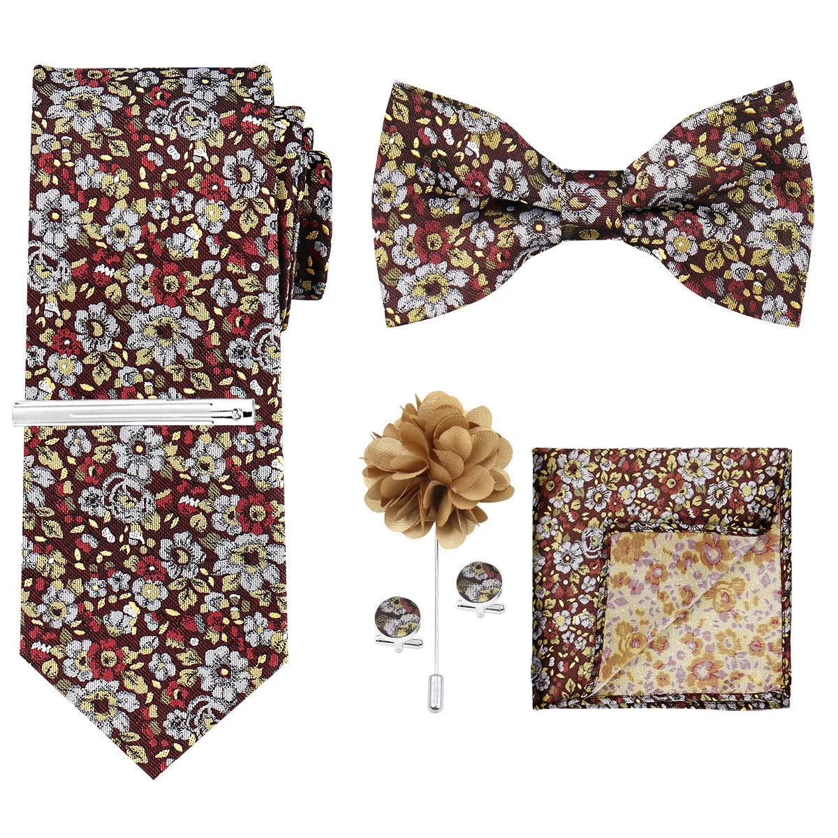 A set of men's formal tie and accessory featuring a patterned tie, bow tie, and pocket square.