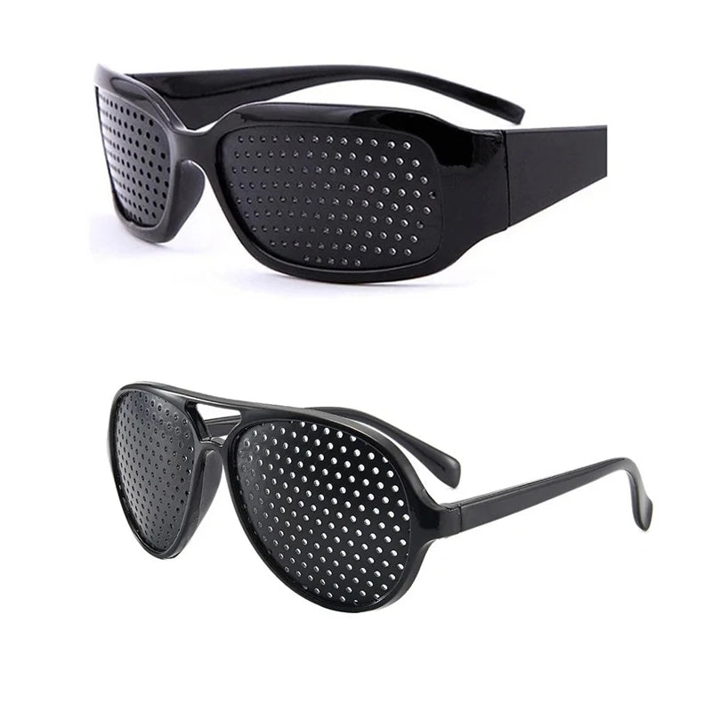 Black vision correction pinhole glasses with a dark lens and black frame