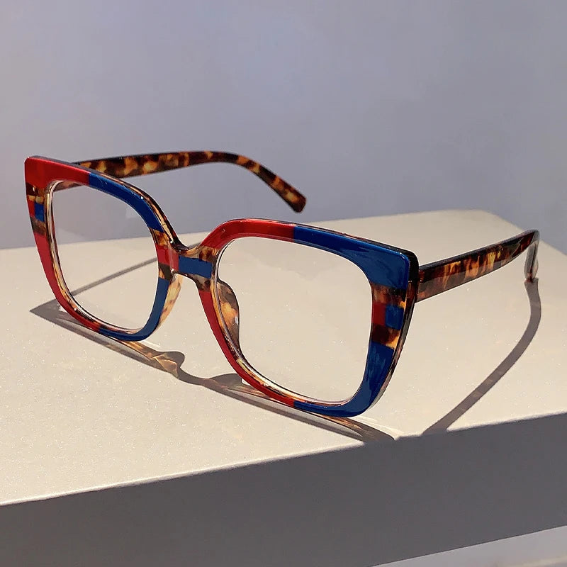 Trendige, große quadratische Brillenframes mit mehrfarbigem Elfenbein und blauen Akzenten