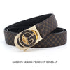 A close-up display of a gold series men's luxury faux leather plaid waist belt.