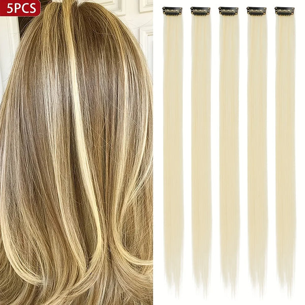 Five long straight synthetic hair extensions in blonde shades shown against a white background.