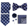 A set of men's formal tie and accessory featuring a blue and white geometric pattern.