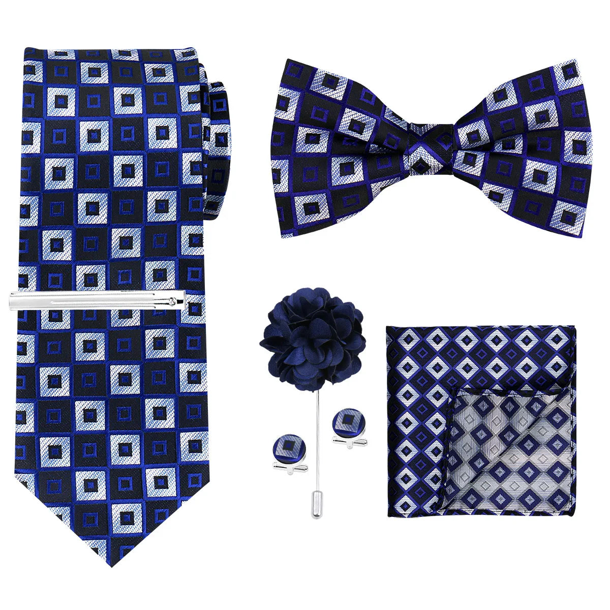 A set of men's formal tie and accessory featuring a blue and white geometric pattern.