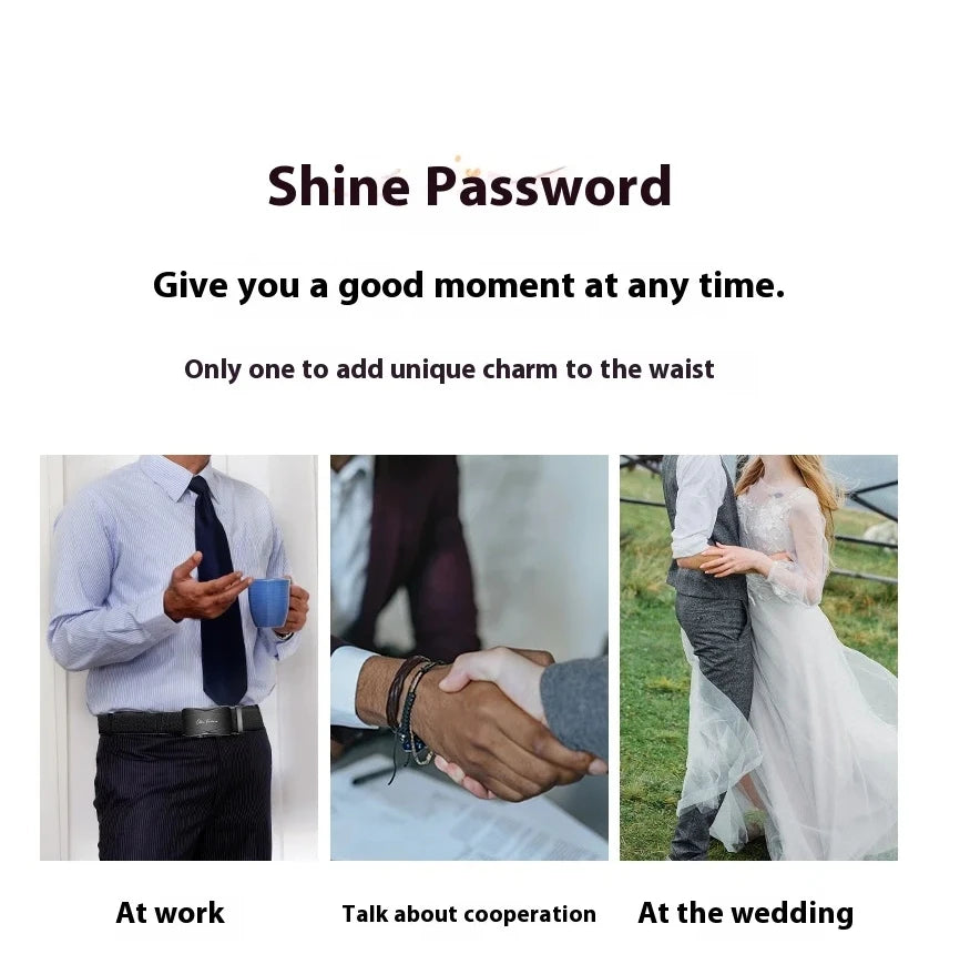 Three images showing a Shine Password product used at work, for cooperation, and at a wedding.