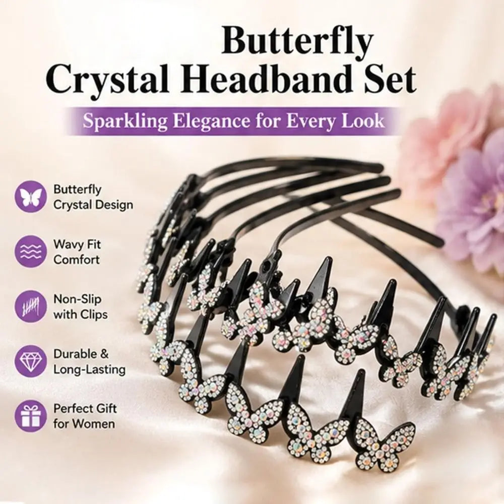 A set of black butterfly crystal headbands with clips displayed on a soft pink background.