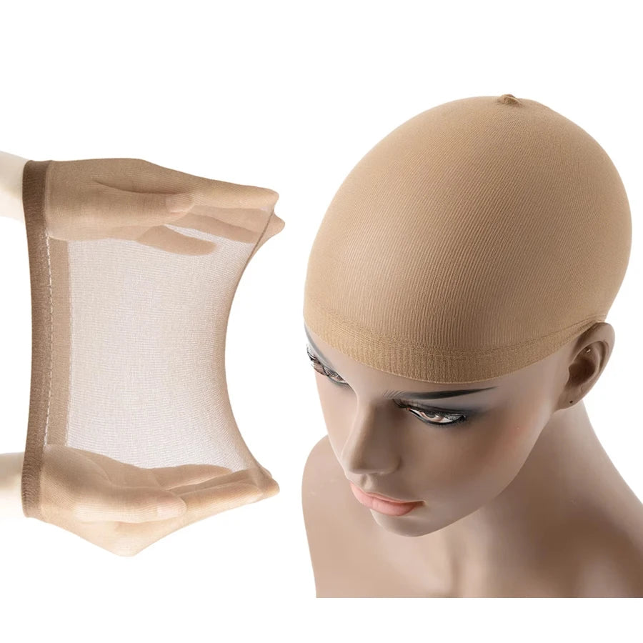 A beige stretch mesh wig cap is shown on a mannequin head.