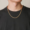 A close-up of a dainty gold rope chain necklace worn around the neck against a dark shirt.