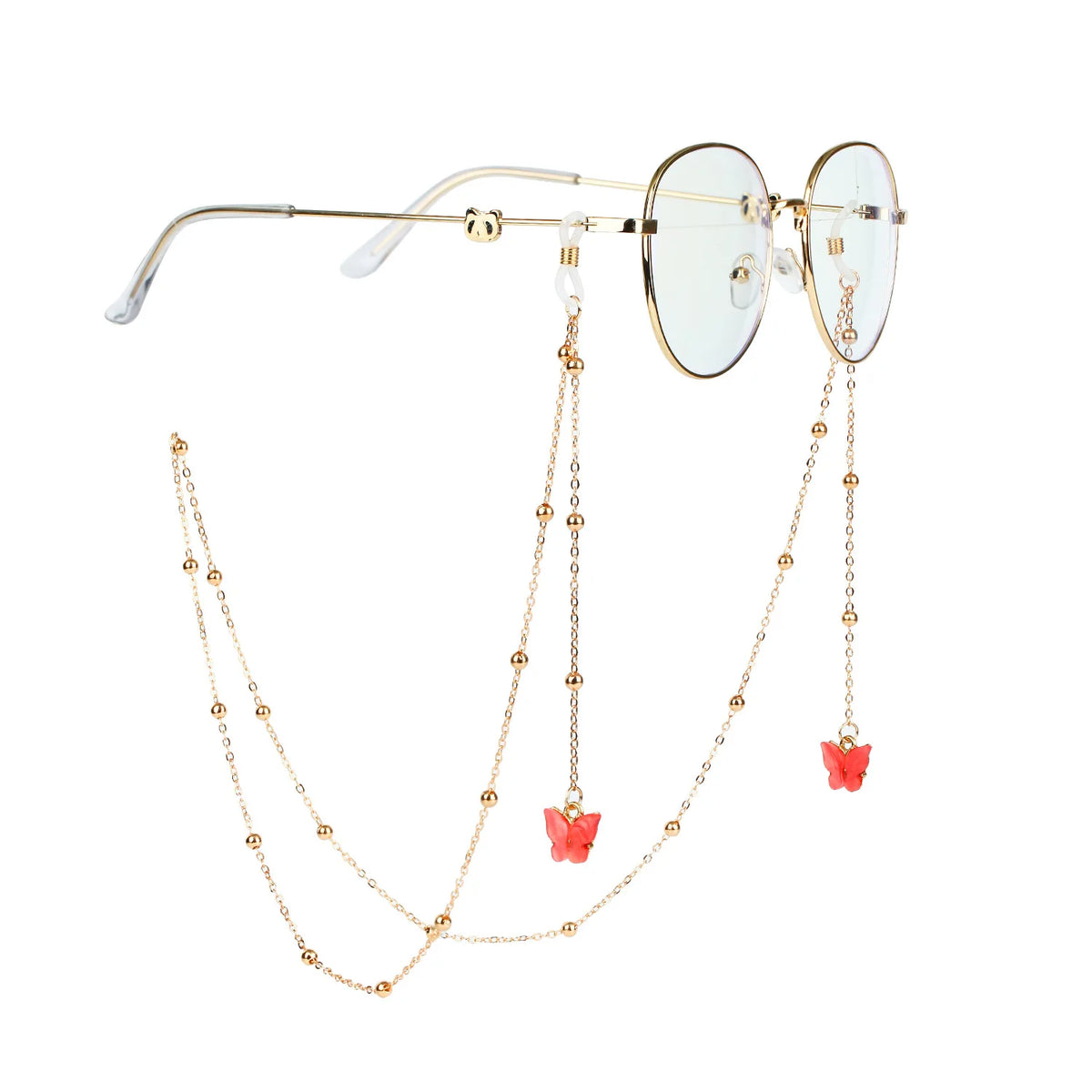 Gold-toned butterfly pendant glasses chain necklace with round clear lenses