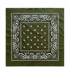 A dark olive green cotton bandana scarf featuring intricate white paisley and geometric patterns.