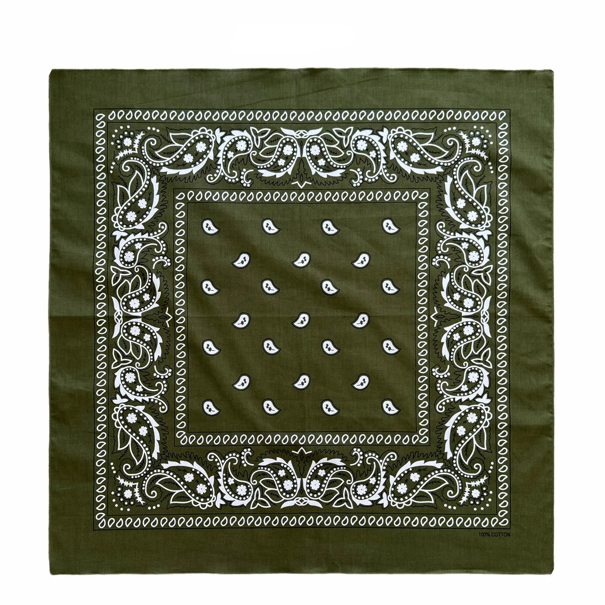 A dark olive green cotton bandana scarf featuring intricate white paisley and geometric patterns.