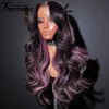 A model wearing a long, wavy, dark purple and pink ombre wig with lace front hair.