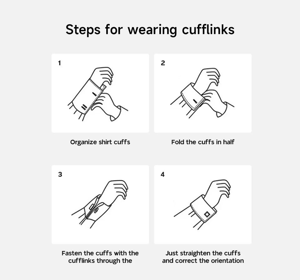 Four steps illustrating how to wear cufflinks: organizing, folding, fastening, and straightening.