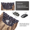 A set of dark brown synthetic hair clips with metal grips shown on a person's hair.
