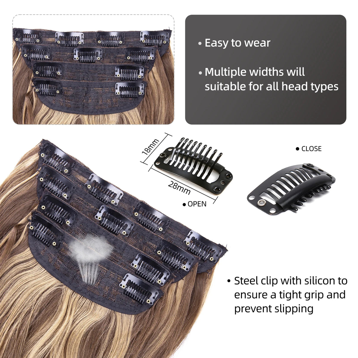 A set of dark brown synthetic hair clips with metal grips shown on a person's hair.