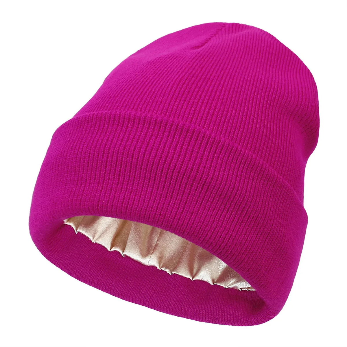 A bright magenta knitted beanie hat with a satin lining.