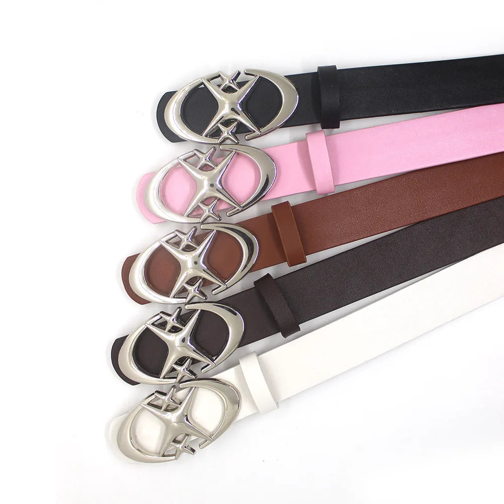 A collection of vintage gothic moon star buckle belts in various colors including black, pink, brown, and silver.