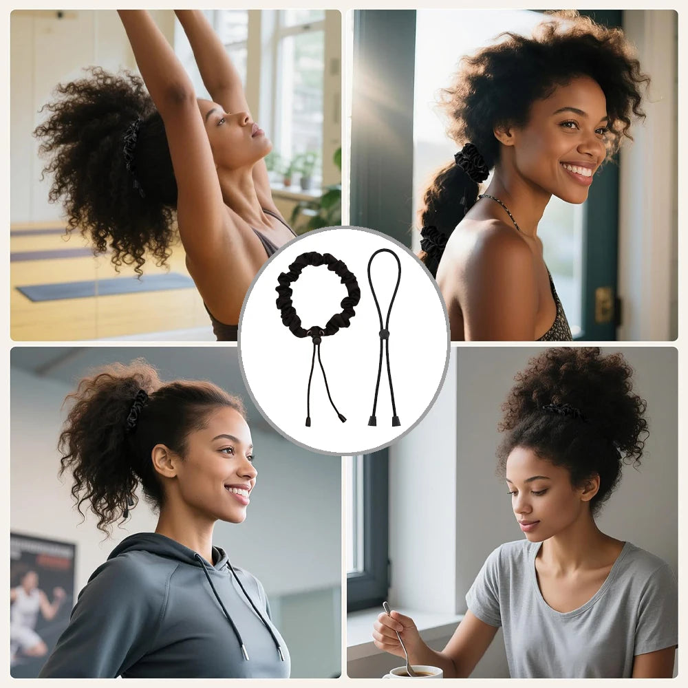 A collage showing women using satin scrunchies for curly hair in various poses and settings.