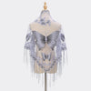 A sheer lilac butterfly lace scarf shawl displayed on a mannequin.