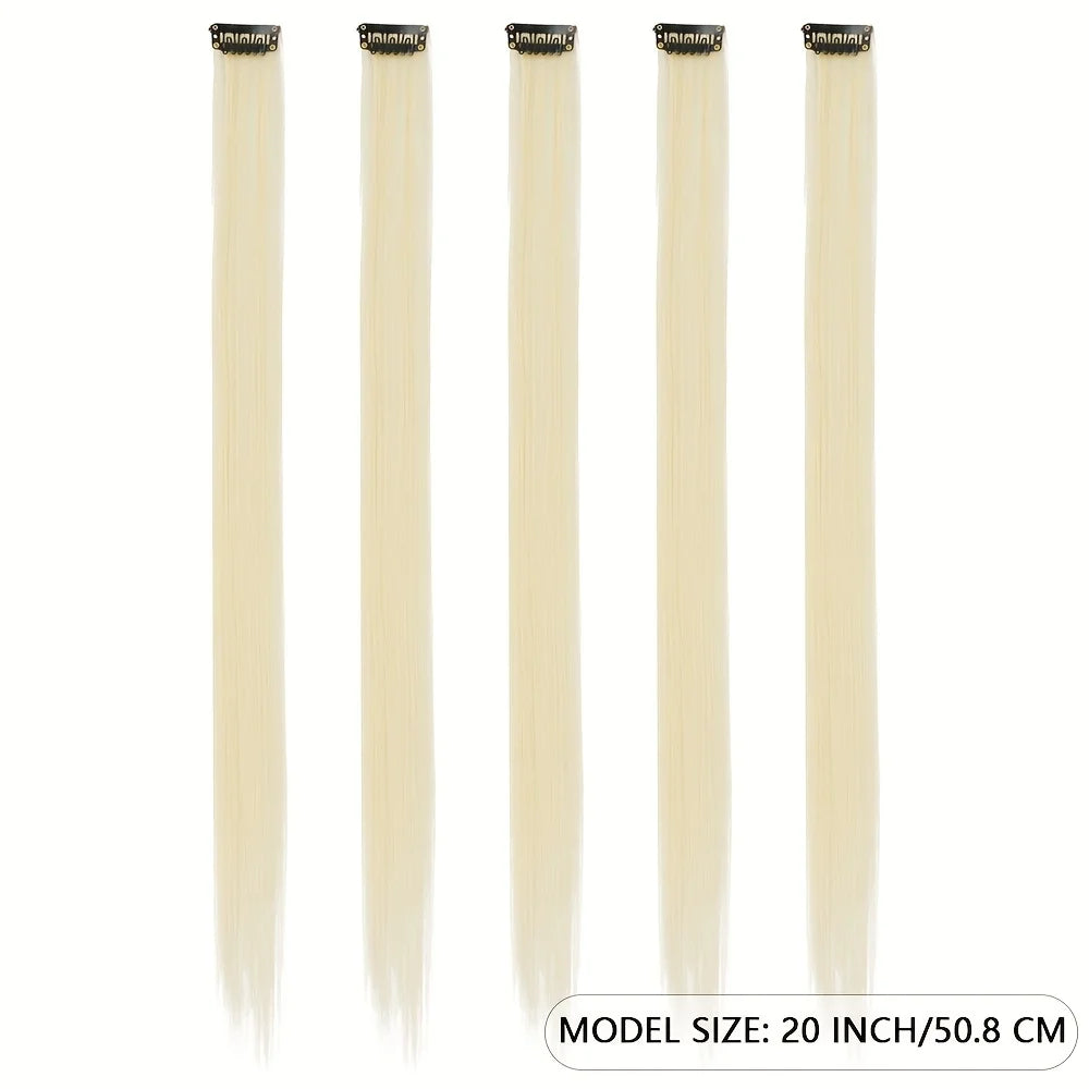 Five long straight synthetic hair extensions in a light blonde color displayed vertically.