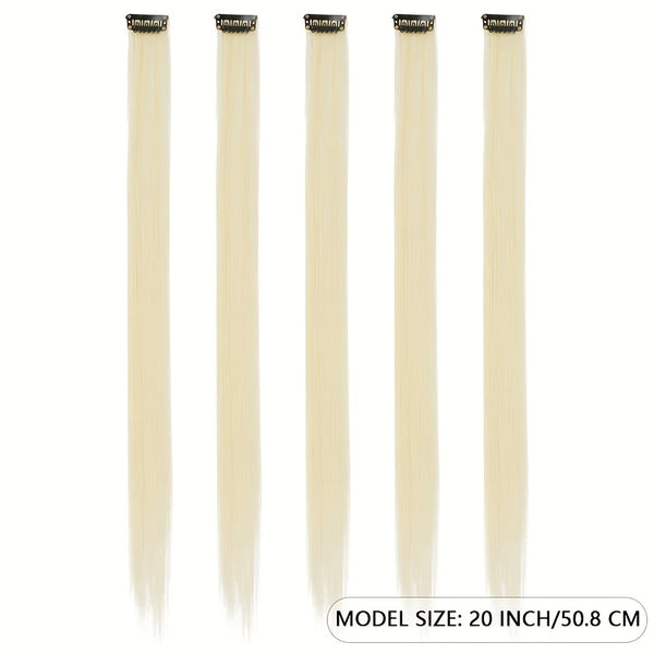 Five long straight synthetic hair extensions in a light blonde color displayed vertically.