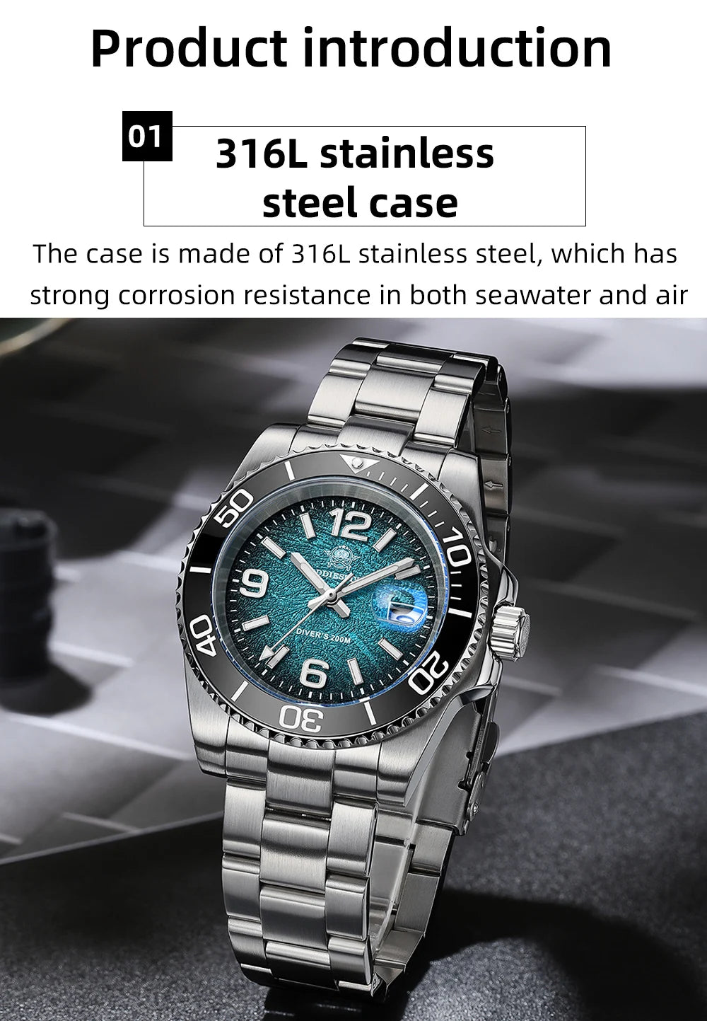 A silver stainless steel diving watch with a blue luminous dial and bezel displayed on a dark surface.