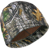 A camouflage thermal beanie featuring a mottled pattern of greens, browns, and grays.