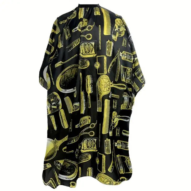 Black professional hair cutting and styling apron with various grooming tools embroidered on it
