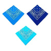 Three folded blue and cyan patterned cotton bandanas or scarves