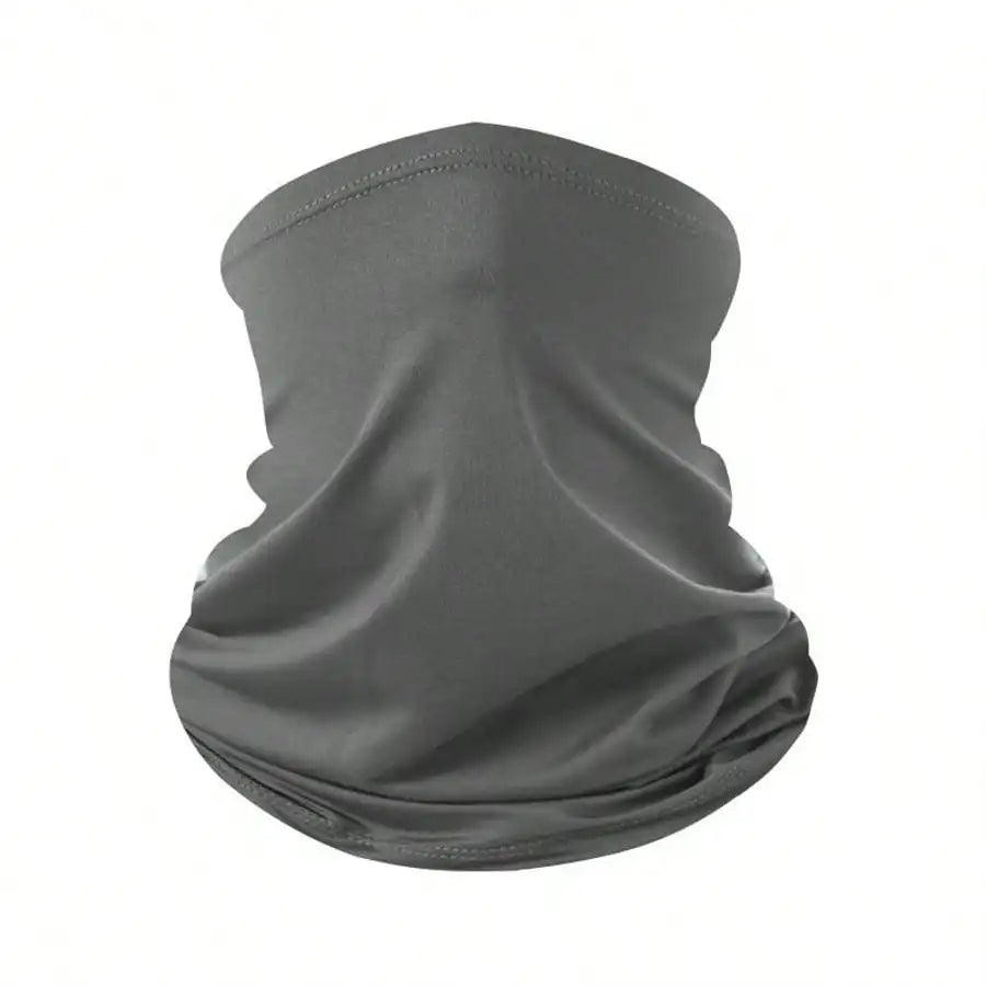 A gray all-in-one multi-use sun protection head scarf shown from above.
