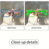 A pair of costume glasses with a blue frame and a green frame shown on hands.
