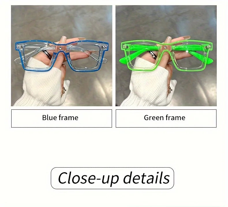 A pair of costume glasses with a blue frame and a green frame shown on hands.
