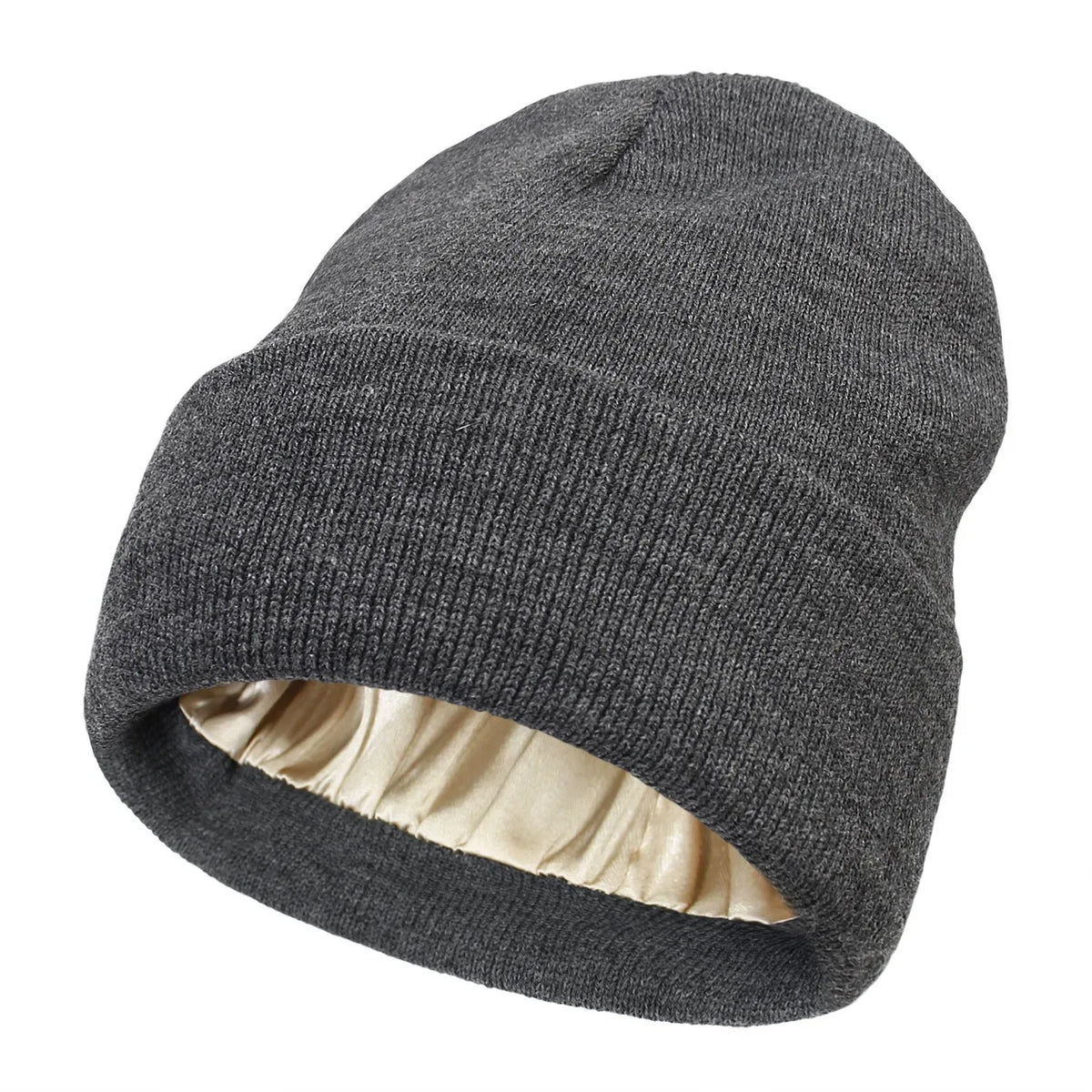 A dark gray satin-lined beanie hat shown from the side.