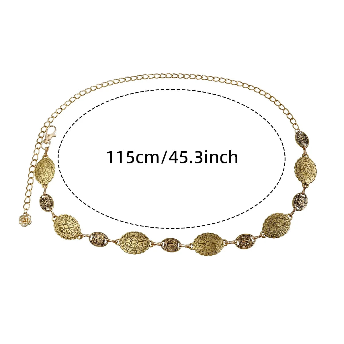 Cadena de cintura ovalada de metal dorada vintage, mide 115 cm (45.3 pulgadas)