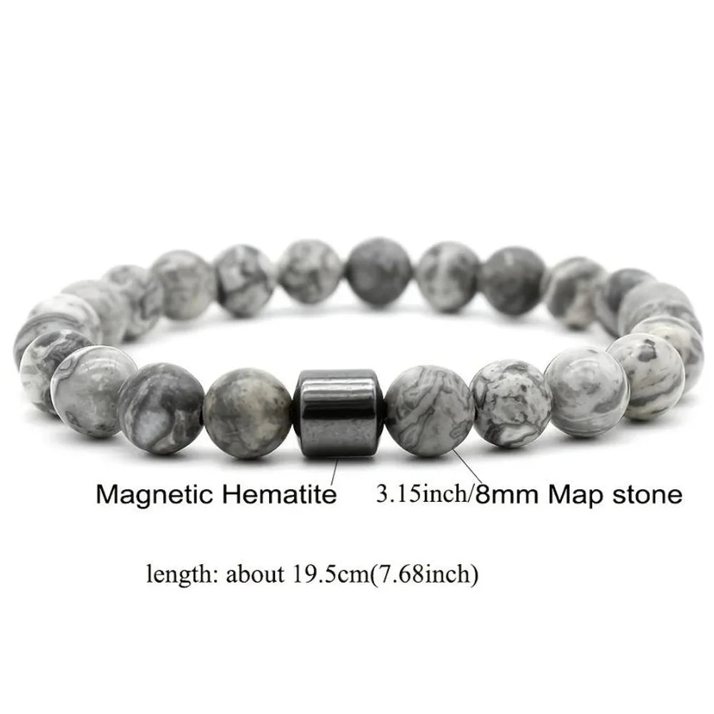 A bracelet made of magnetic hematite map stones with a marbled finish.