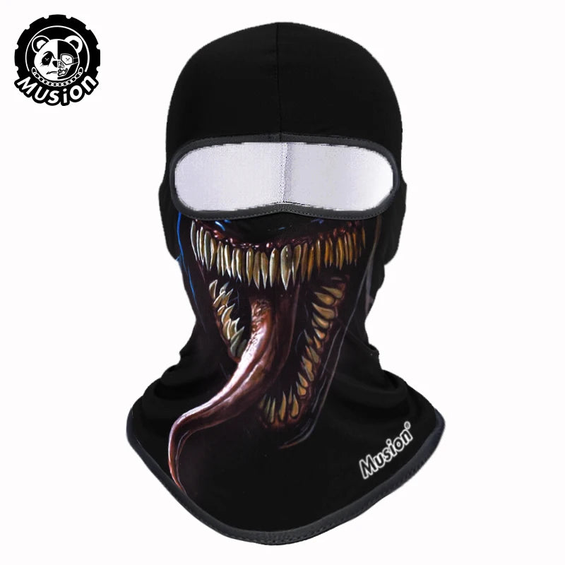 Black full face balaclava helmet liner featuring a detailed tiger or animal mouth design.