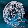 A clear rhinestone bridal hair hoop is shown against a dark blue background with measurements and weight details.